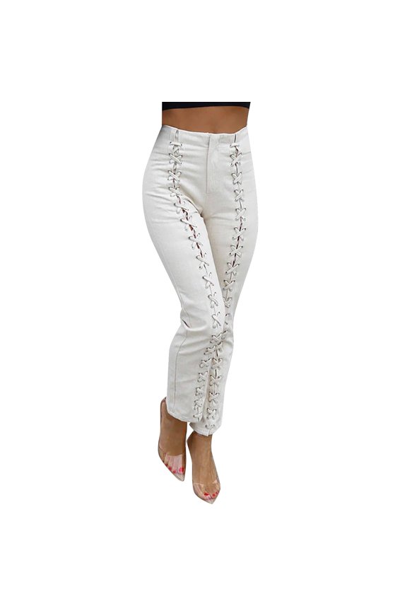 Women's Cotton Containing High Waist Slim Fit Perforated Tie Design Tight Trousers