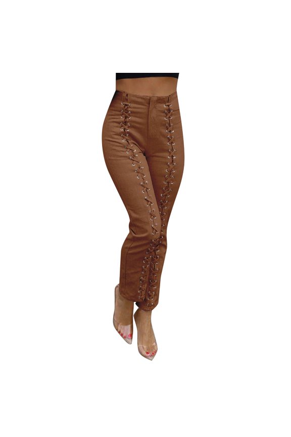 Women's Cotton Containing High Waist Slim Fit Perforated Tie Design Tight Trousers