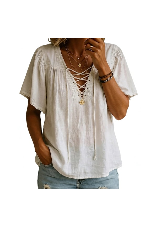Women's Cotton Criss Cross Front Shirts Summer Flowy V-Neck Short Sleeve Blouses Loose Fit Soft Boho Beach Vacation Tops White