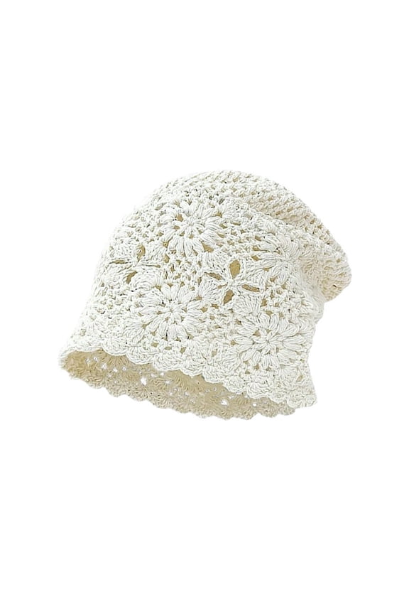 Womens Cotton Crochet Hat Slouchy Beanie Handmade Knit Floral Caps, Hollow Cap Women Crochet Travel Photography Knitted Hat Beige