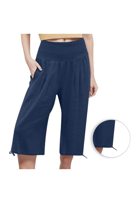 Women's Cotton Distressed Washed High Waist Long Pants With Drawstring