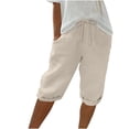 thumbnail image 1 of Women's Cotton Elastic Capris Pants Drawstring Knee Length High Waist Short Pant Rolled Cuff Vacation Jogger, 1 of 8