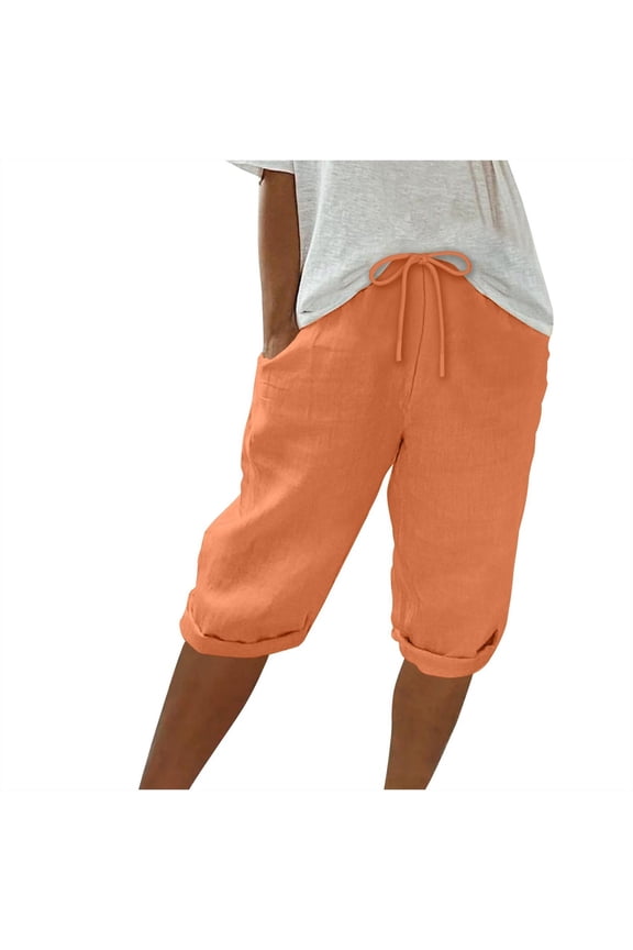 Women's Cotton Elastic Capris Pants Drawstring Knee Length High Waist Short Pant Rolled Cuff Vacation Jogger