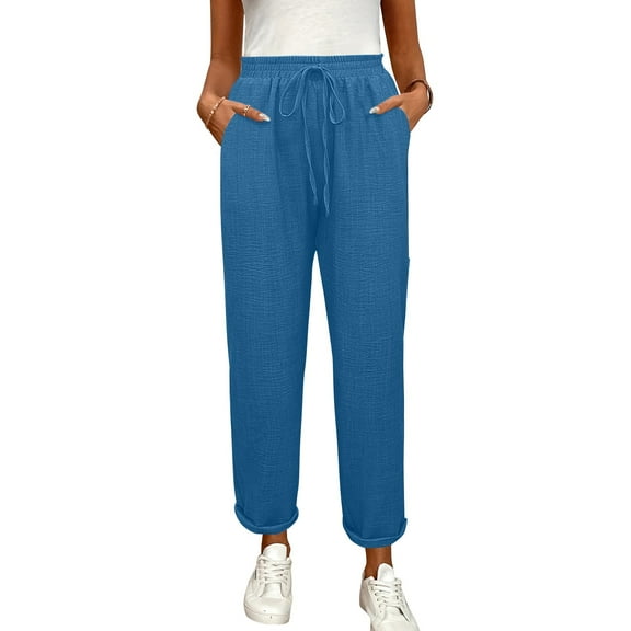 Women's Cotton Elastic Waist Linen Pants for Loose Fit High Waisted Straight Leg Drawstring Ankle Length Gauze Pants Palazzo Business Trousers Blue M