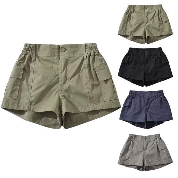 Women's Cotton Elastic Waist Loose Fit Shorts, Solid Button Front Comfy Casual Summer Pants, Mid Rise Tummy Control Daily Wear, Weekend Errands, Vacation Travel, Hot | TruBelle,Gray L