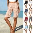 thumbnail image 1 of Women's Cotton Elastic Waist Shorts with Pockets Solid Knee Length, Mid Rise Drawstring Casual Summer Beach Walking Hiking Shorts, Womens Shorts | UKHCCC,Black S, 1 of 9