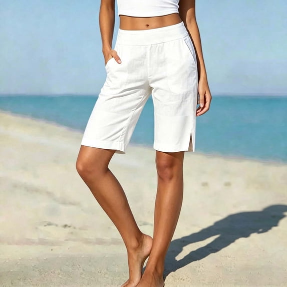 Women's Cotton Elastic Waist Shorts with Pockets Solid Knee Length, Mid Rise Drawstring Casual Summer Beach Walking Hiking Shorts, Womens Shorts | UKHCCC,White L