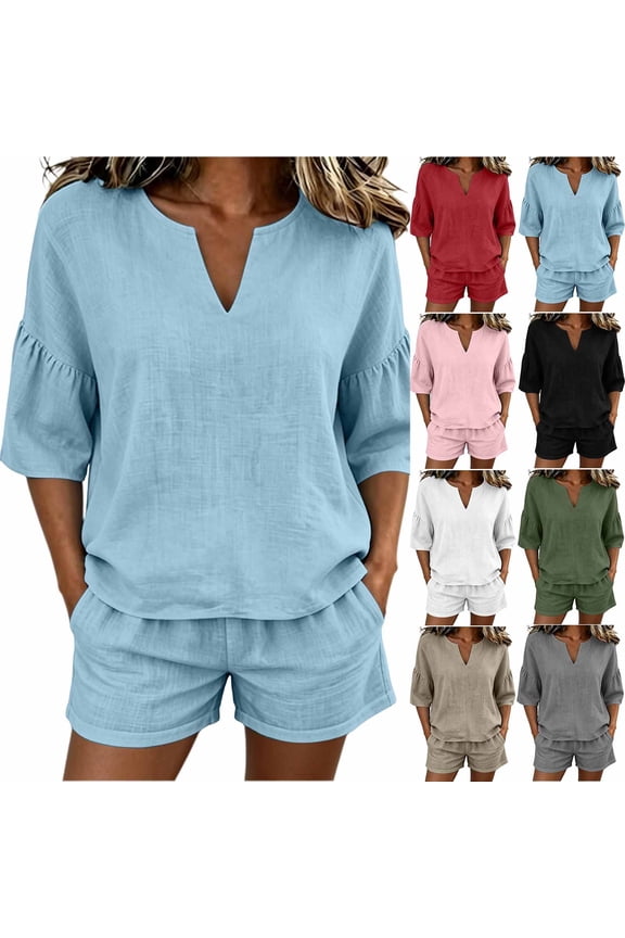 Women's Cotton Elastic Waist Two Piece Outfit V Neck Ruffle Short Sleeve Top with Shorts, Solid Casual Summer Set, Lounge Maternity Activewear Shorts | VerBelle,Army Green L