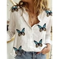 thumbnail image 1 of Women's Cotton Elegant Slim Long Sleeve Shirts Irregular Butterfly Print Stand Collar Blouses Tops, 1 of 1