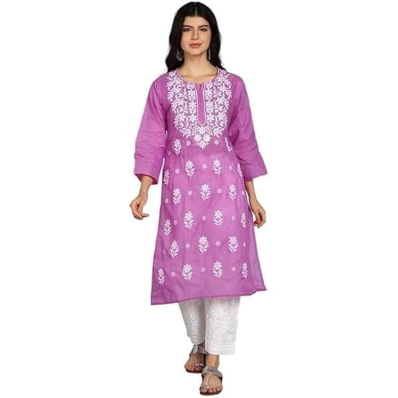 Women's Cotton Embroidered Lucknowi Chikankari Kurti | Casual Office Wear | Full Sleeves | Round Neck (Large)