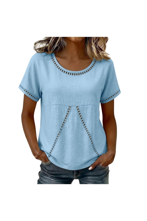 Women's Cotton Eyelet Blouses Summer Breathable Round Neck Short Sleeve Shirts Loose Fit Casual Daily Wear Tops Sky Blue