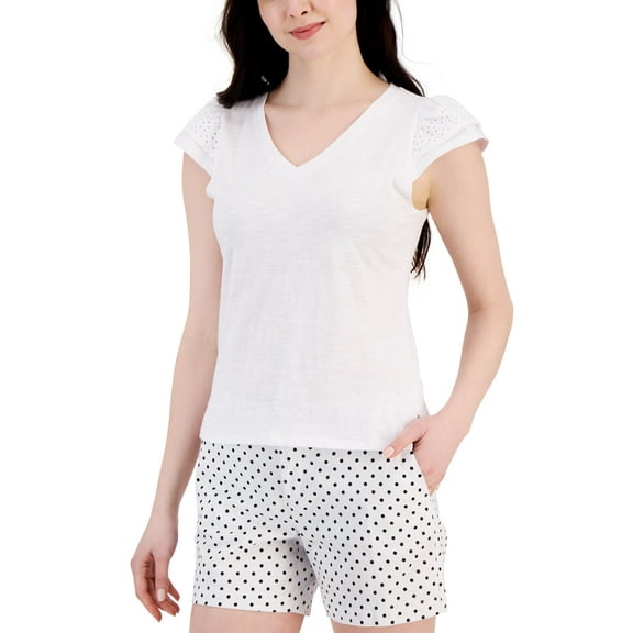 Women's Cotton Eyelet Cap-Sleeve Top Bright White XL