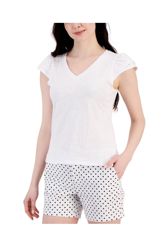 Women's Cotton Eyelet Cap-Sleeve Top Bright White XL