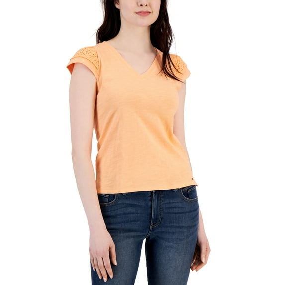 Women's Cotton Eyelet Cap-Sleeve Top Coral Reef XXL
