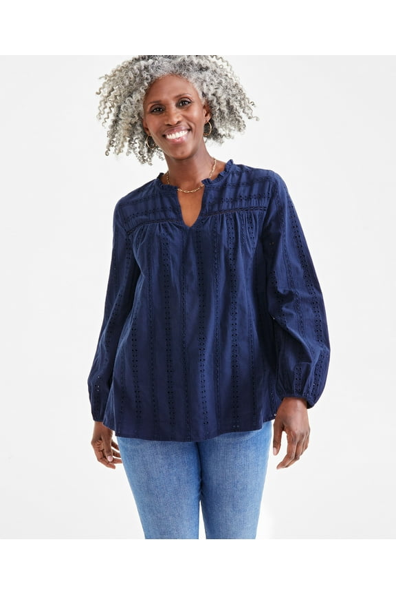 Women's Cotton Eyelet Split-Neck Top Industrial Blue L