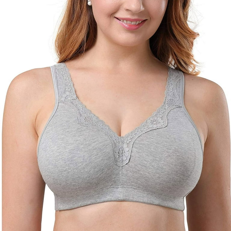  Womens Plus Size Soft Cotton Lace Bra Full Coverage Wirefree  Non-Padded 44A Apricot