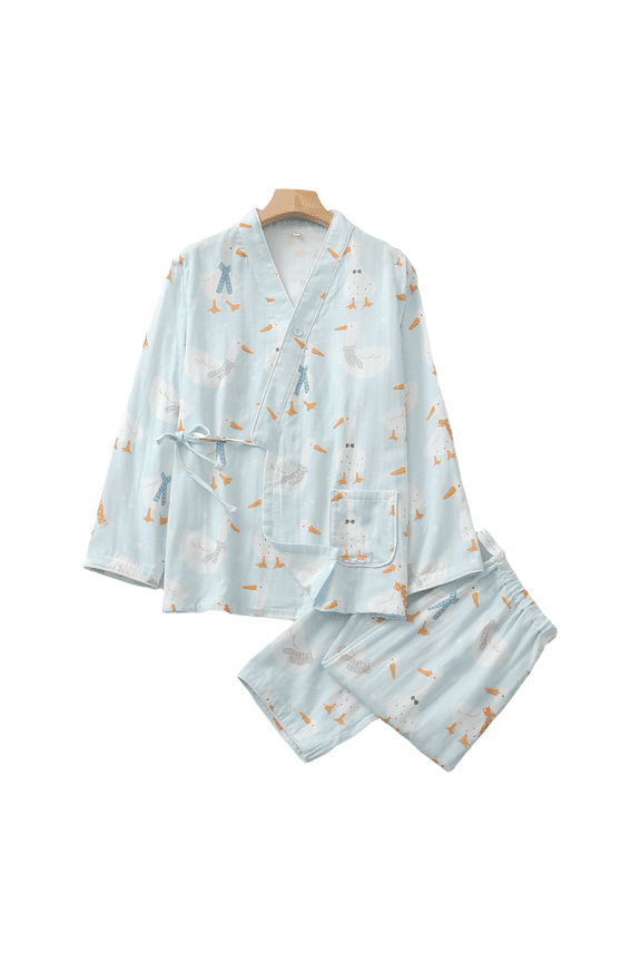 Women’s Cotton Gauze Kimono Pajama Set, Cartoon Print Long Sleeve and Pants, Adjustable Waist Lightweight Home Sleepwear