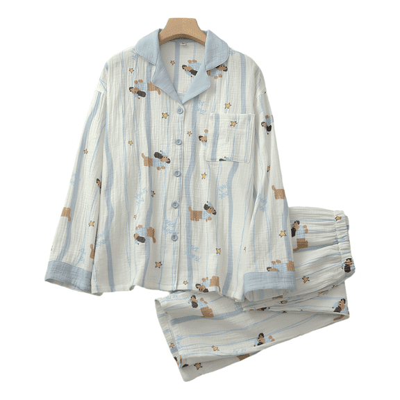 Women’s Cotton Gauze Pajama Set with Cartoon Print, Japanese-Style Turn-Down Collar, Long Sleeve and Pants, Lightweight Spring/Summer Home Sleepwear