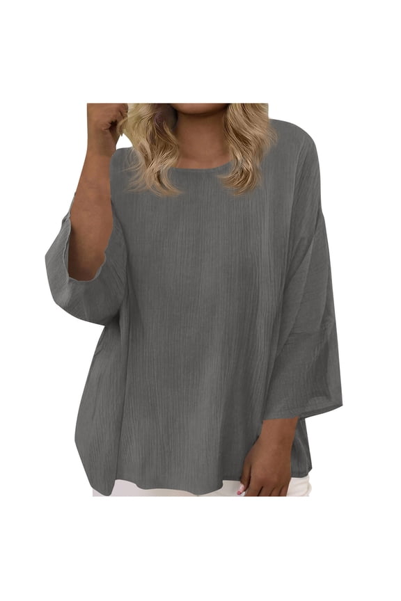 Women's Cotton Gauze Tops Dressy Casual Summer Cotton Blend Shirts 3/4 Sleeve Crewneck Flowy Tunic Shirt Plus Size