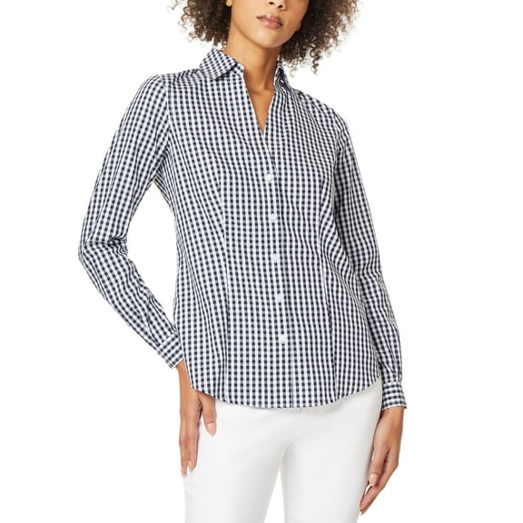 Jones Womens Gingham Long Sleeve Collared Button Down Blouse Navy/Nyc White XL