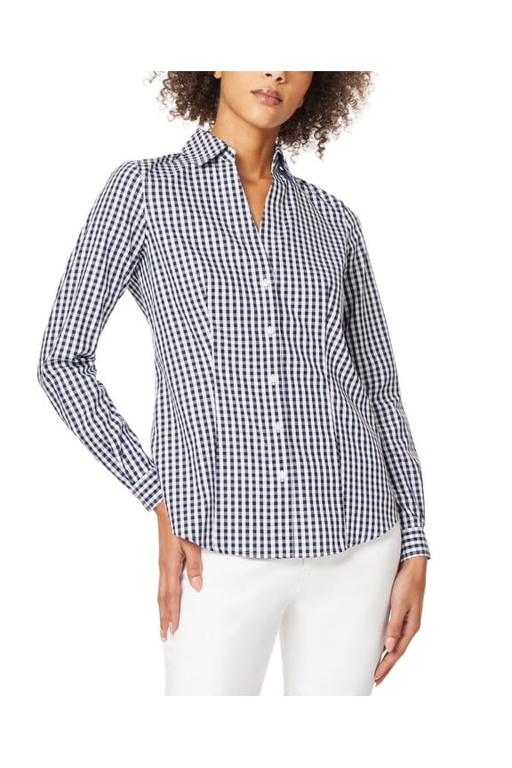 Jones Womens Gingham Long Sleeve Collared Button Down Blouse Navy/Nyc White XS