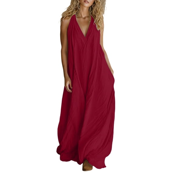 Women's Cotton Halter Neck Sleeveless Maxi Dress Loose Fit Casual Summer Dress with Functional Pockets Wine M(M)