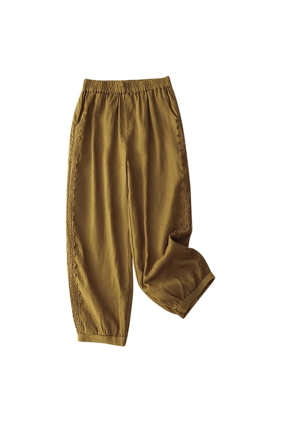 Women's Cotton Harem Pants Elastic Waist Drawstring Wide Leg Pants Baggy Capris Trousers Yellow,L