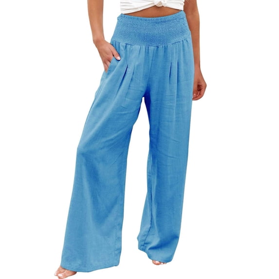 Women's Cotton High Waist Wide Leg Pants - Elastic Waist, Pockets, Pleated Front - All Seasons Casual Palazzo