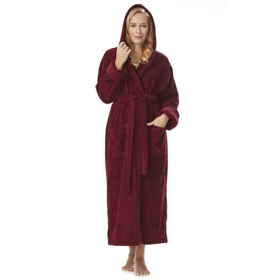 Women's Cotton Hooded Full Length Turkish Bathrobe Burgundy Large