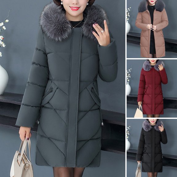 Women's Cotton Jacket - Furry Hood, Neck Protection, Plus Size, Mid Length, Padded Coat