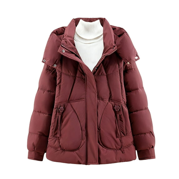Women's Cotton Jacket with Detachable Hood Pockets Thick Warm Quilted Zipper Coat Plus Size Winter Outerwear (2XL, Wine)