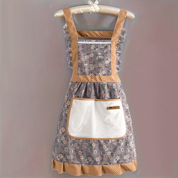 Women's Cotton Kitchen Apron with Pockets, Soft Printed Fabric Cooking Apron for Grill Baking, Oil Protection Work Wear, Home Kitchen Gift for Mom Wife
