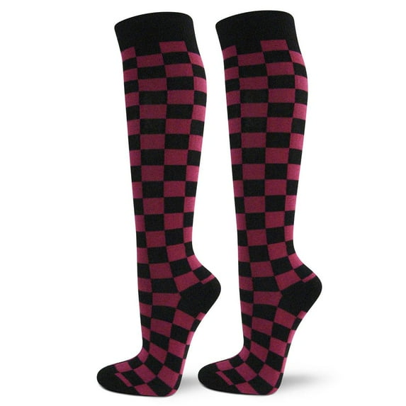 Women's Cotton Knee High Socks - Checked Plaid Tartan Pattern Fashion Socks, Checked Black / Hot Pink