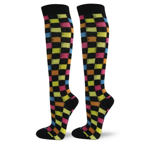 Women's Cotton Knee High Socks - Checked Plaid Tartan Pattern Fashion Socks, Checked Black / Neon Hot Pink