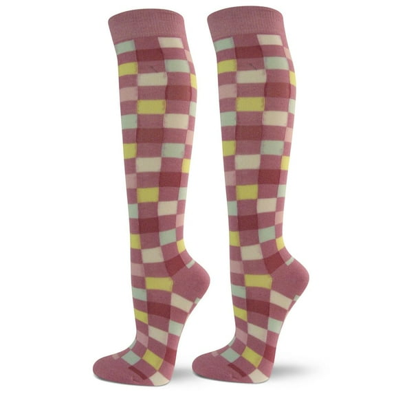 Women's Cotton Knee High Socks - Checked Plaid Tartan Pattern Fashion Socks, Checked Pink / Light Blue