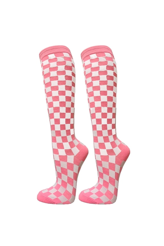 Women's Cotton Knee High Socks - Checked Plaid Tartan Pattern Fashion Socks, Checked Pink / White