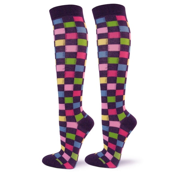 Women's Cotton Knee High Socks - Checked Plaid Tartan Pattern Fashion Socks, Checked Purple / Blue / Pink