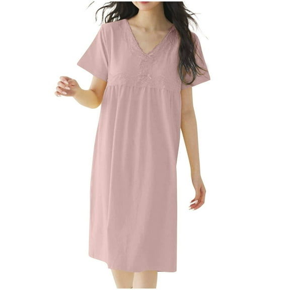 Women’s Cotton Lace Nightgown – Built-In Shelf Bra Tank Chemise (V-Neck Short Sleeve Sleepwear for Comfort & Support)