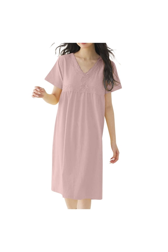 Women’s Cotton Lace Nightgown – Built-In Shelf Bra Tank Chemise (V-Neck Short Sleeve Sleepwear for Comfort & Support)