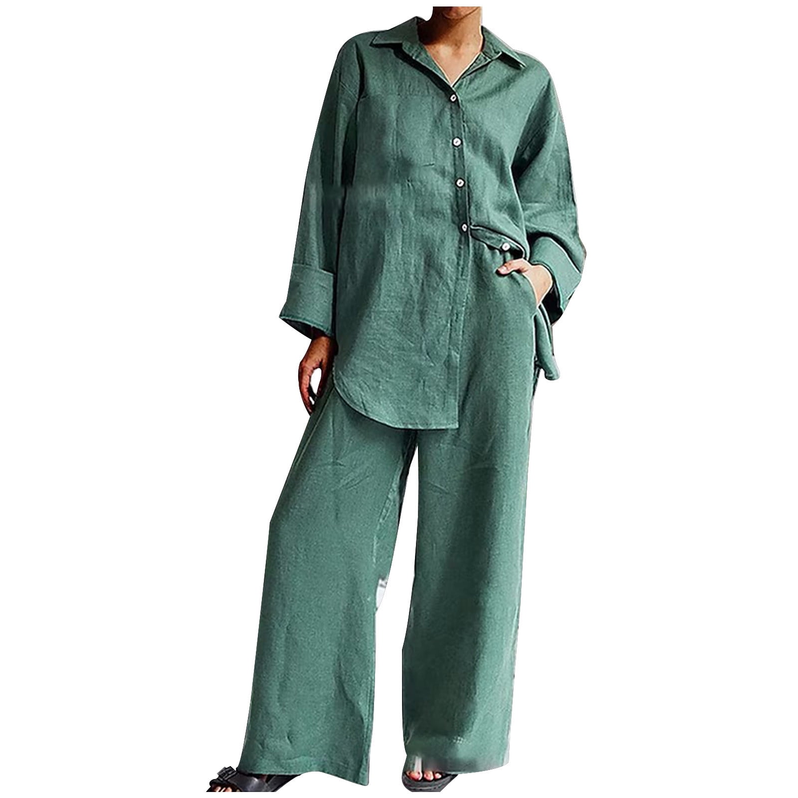 Yck-SAiWed Deals Of The Day Clearance Prime Womens Summer Cotton Linen 2  Piece Outfits Casual Loose Long Sleeve Blouse Top Wide Leg Pants Set Work