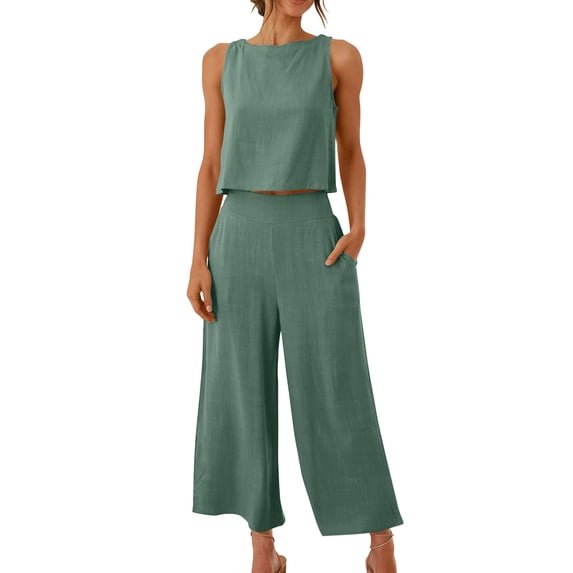 Women's Cotton Linen 2 Piece Outfit Loose Clothes for Ladies Wide Leg Pants Sets Casual Soft Tracksuits Elegant Solid Color Round Neck Cropped Tops Sleeveless Mint Green XXXL