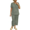 thumbnail image 1 of Women's Cotton Linen 2 Piece Outfit V Neck Shirt Wide Leg Pants Sets Solid Color Soft Tracksuits Elegant Lounge Sets Loose Clothes for Ladies Short Sleeve Casual Green XL, 1 of 6