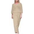 thumbnail image 1 of Women's Cotton Linen 2 Piece Outfit Clearance Wide Leg Pants Sets Solid Color Soft Tracksuits Elegant Lounge Sets Loose Clothes for Ladies Casual Suit Sets 3/4 Sleeve V Neck Shirt Khaki M, 1 of 6