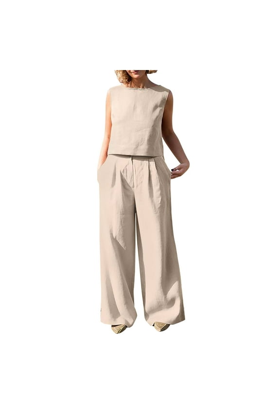 Women's Cotton Linen 2 Piece Outfit Sleeveless Casual Solid Color Elegant Lounge Sets Loose Clothes for Ladies Soft Tracksuits Round Neck Tops Wide Leg Pants Sets Khaki M