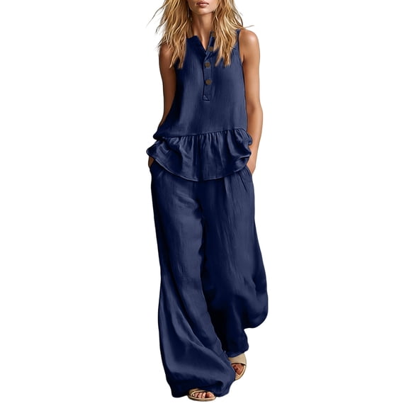 Women's Cotton Linen 2-Piece Outfit Sleeveless Ruffle Hem Tank Top Wide Leg Pants with Pockets Casual Summer Set Navy XXL(XXL)