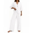 thumbnail image 1 of Women's Cotton Linen 2-Piece Outfit V-Neck Button Top Wide Leg Pants Casual Vacation Loungewear Set White XXL(XXL), 1 of 7