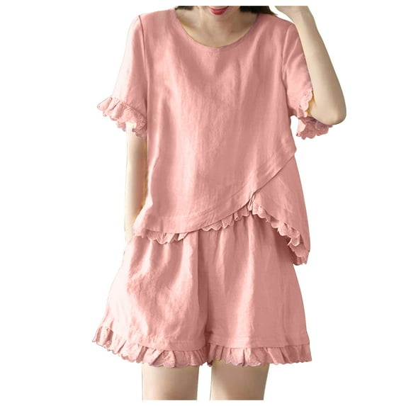 Women's Cotton Linen 2 Piece Outfits Cute Lace Crew Neck Short Sleeve Tops and Wide Leg Shorts Sets Tracksuits