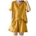 thumbnail image 1 of Women's Cotton Linen 2 Piece Outfits Cute Lace Crew Neck Short Sleeve Tops and Wide Leg Shorts Sets Tracksuits, 1 of 7