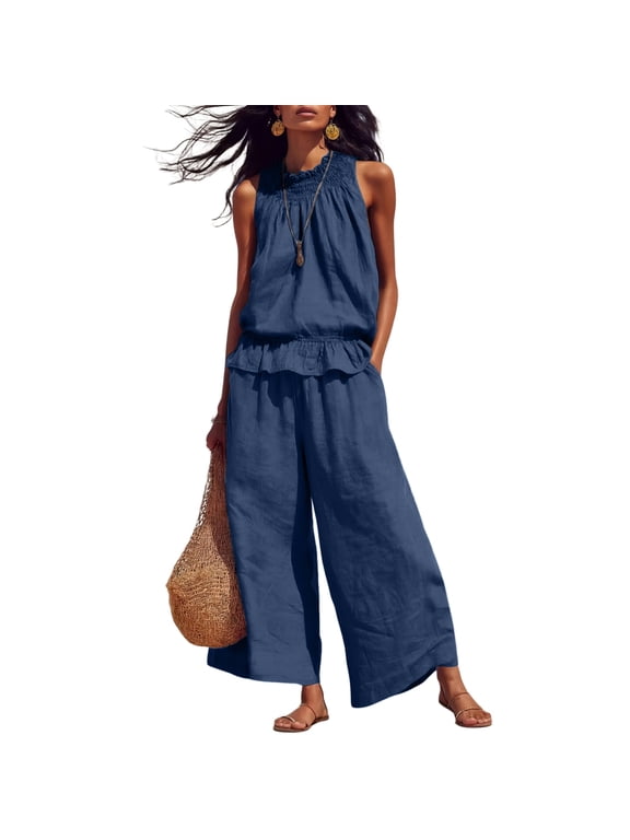 Women's Cotton Linen 2 Piece Outfits Sleeveless Ruffle Top Wide Leg Pants Summer Loungewear Beach Vacation Sets