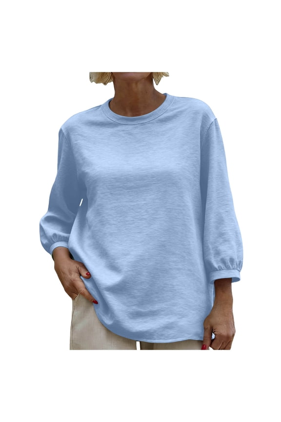 Women's Cotton Linen 3/4 Bishop Sleeve Blouses Loose Fit Crew Neck Solid Tops for Spring Summer Fall Daily Wear Office Work and Beach Vacations